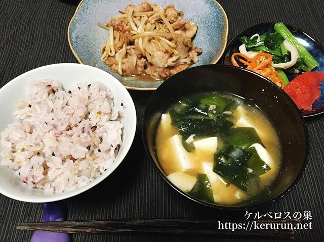 豚肉とモヤシの炒め物、豆腐とわかめの味噌汁、常備菜